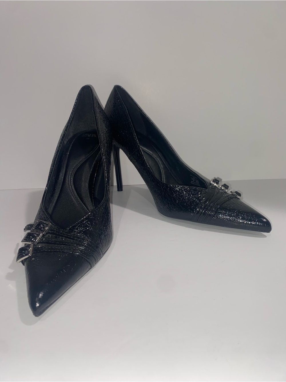 Zara Black Pointed-Toe Stiletto Heels with Buckle Details – EU 38 / US 7.5